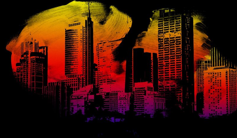 stylized city skyline at sunset