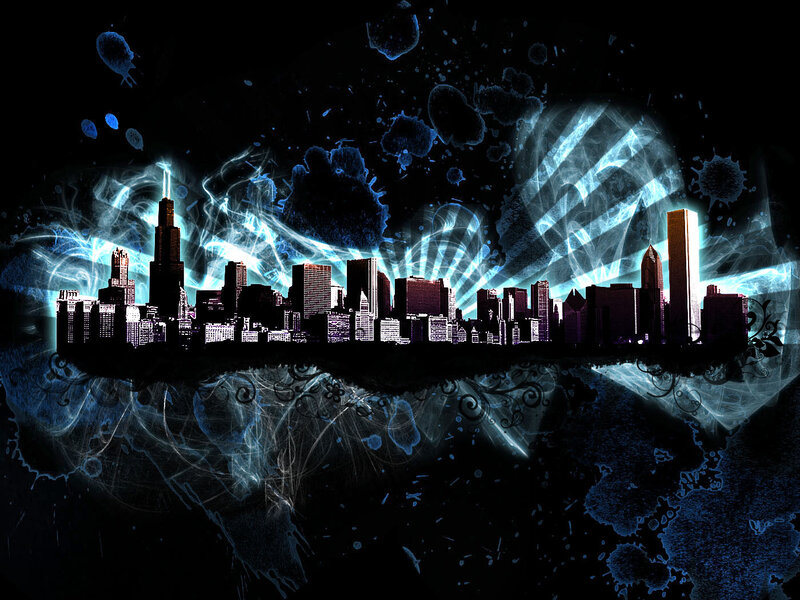 stylized city skyline with blue energy