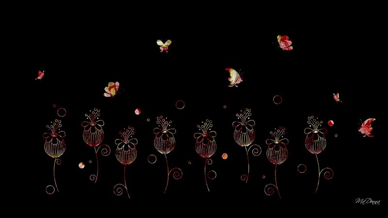 Stylized Flowers and Butterflies — Black