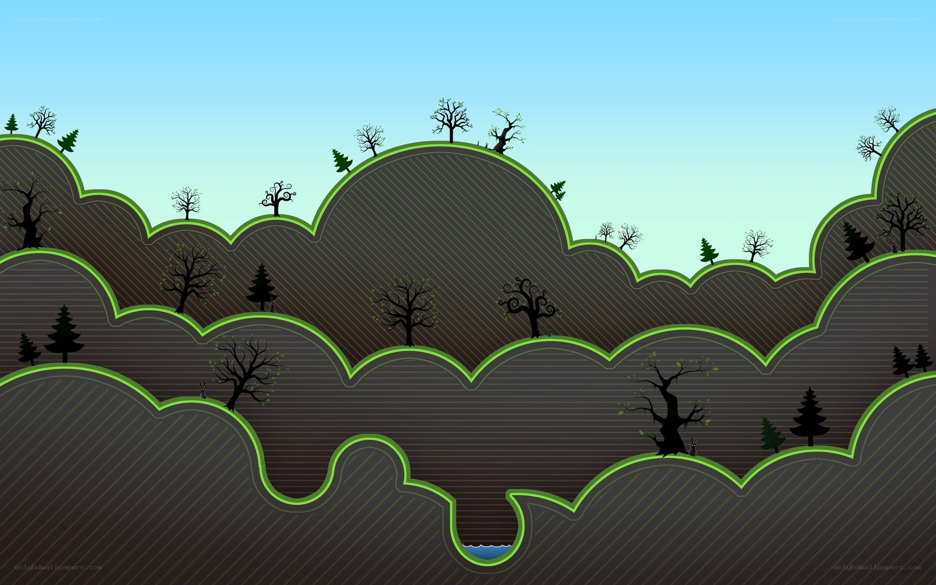 stylized landscape with hills and trees