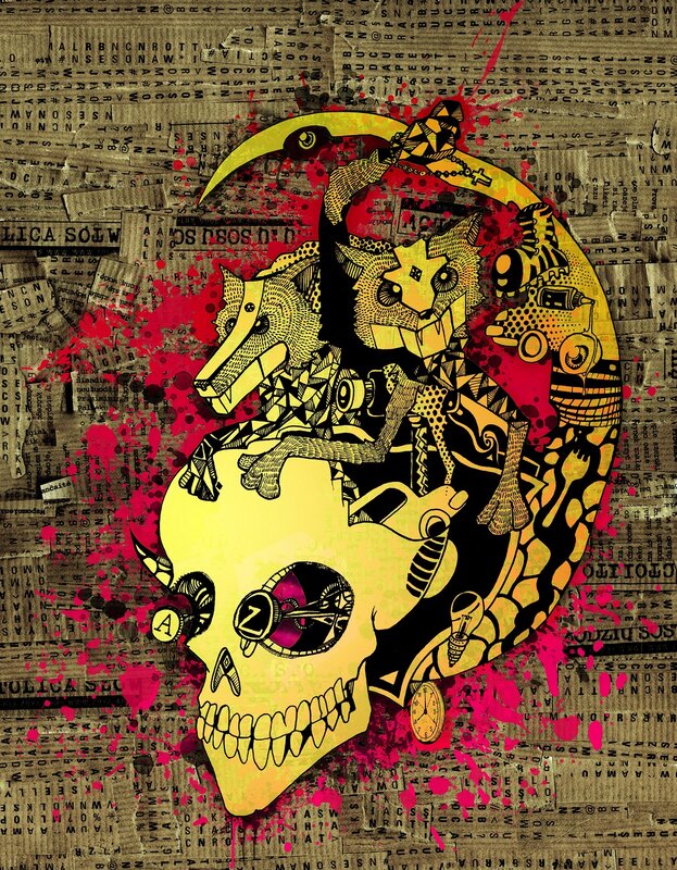 Stylized skull with mechanical animals