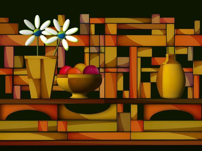 Stylized still life with flowers and fruit