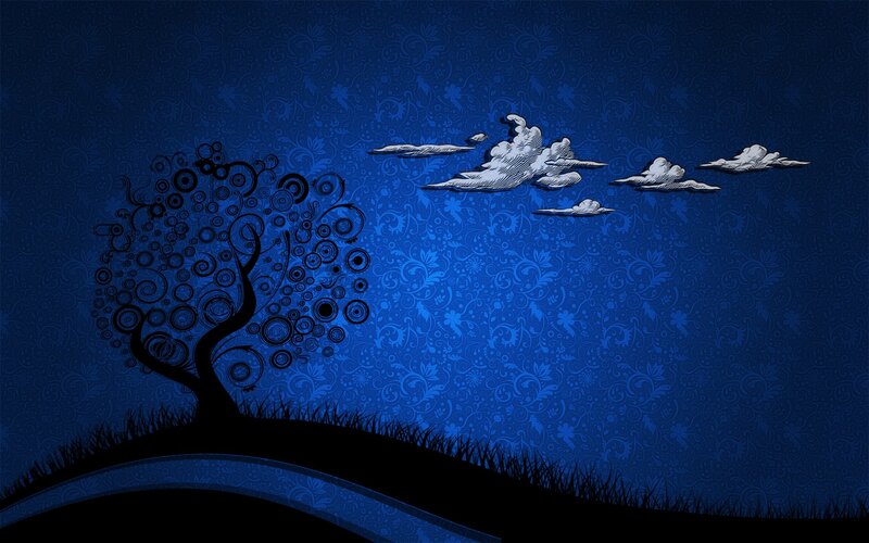 Stylized Tree on Hill — Blue, Serene