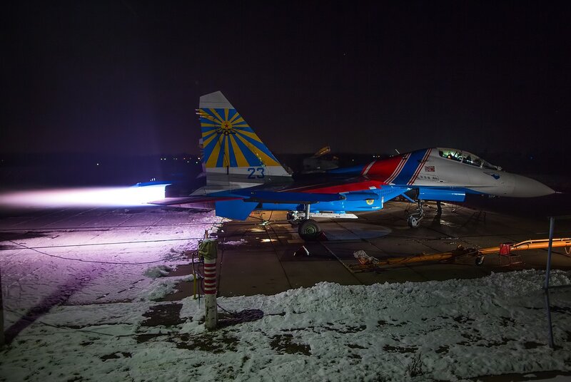 Su-27 Fighter Jet — Blue, Dramatic, Night