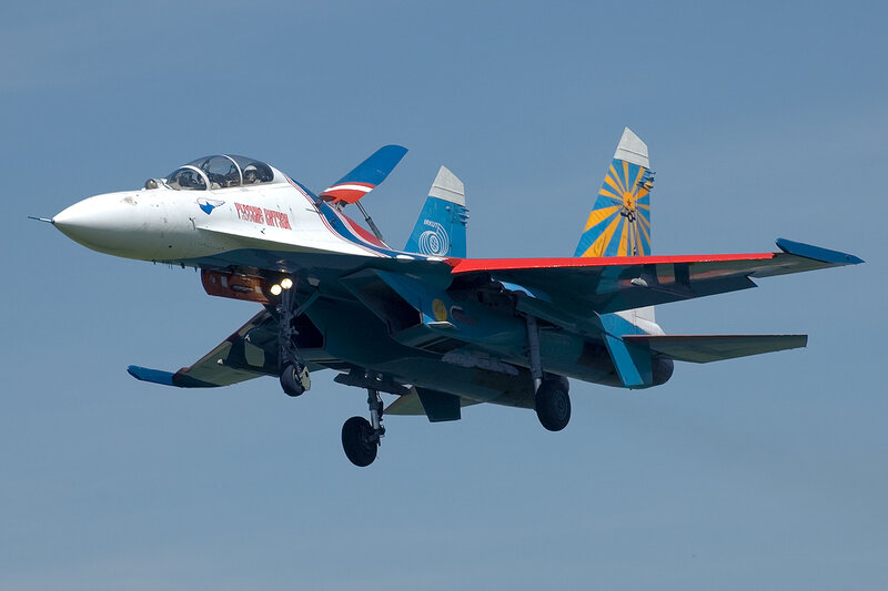 Su-27 Fighter Jet — Blue, Dynamic, Afternoon, Photograph, Aircraft, Sky, Landing Gear
