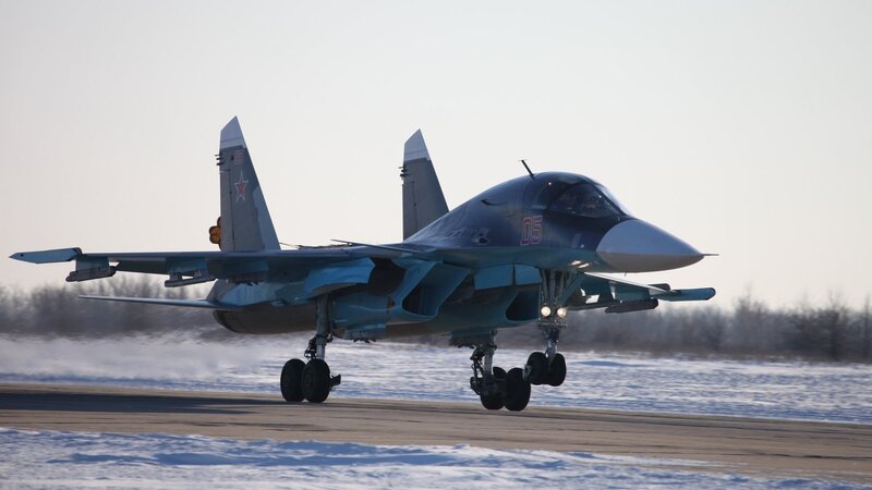 Su-34 Fighter Jet — Blue, Cold, Winter, Photograph, Runway