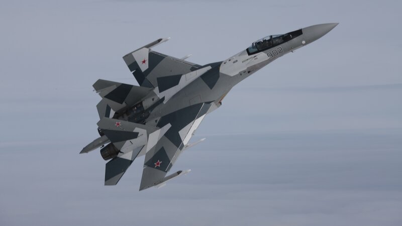 Su-35 Fighter Jet — Gray, Dynamic, Photograph, Aircraft, Sky, Camouflage, White