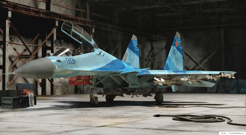 Su-37 fighter jet in hangar