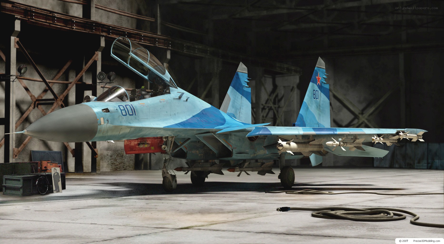 Su-37 fighter jet in hangar