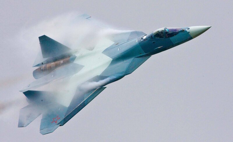 Su-57 Fighter Jet — Blue, Dynamic, Photograph