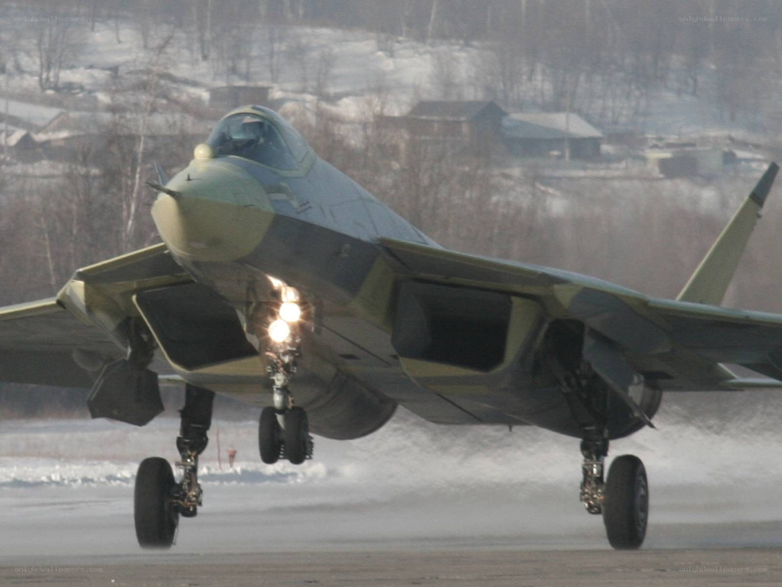 Su-57 fighter jet landing