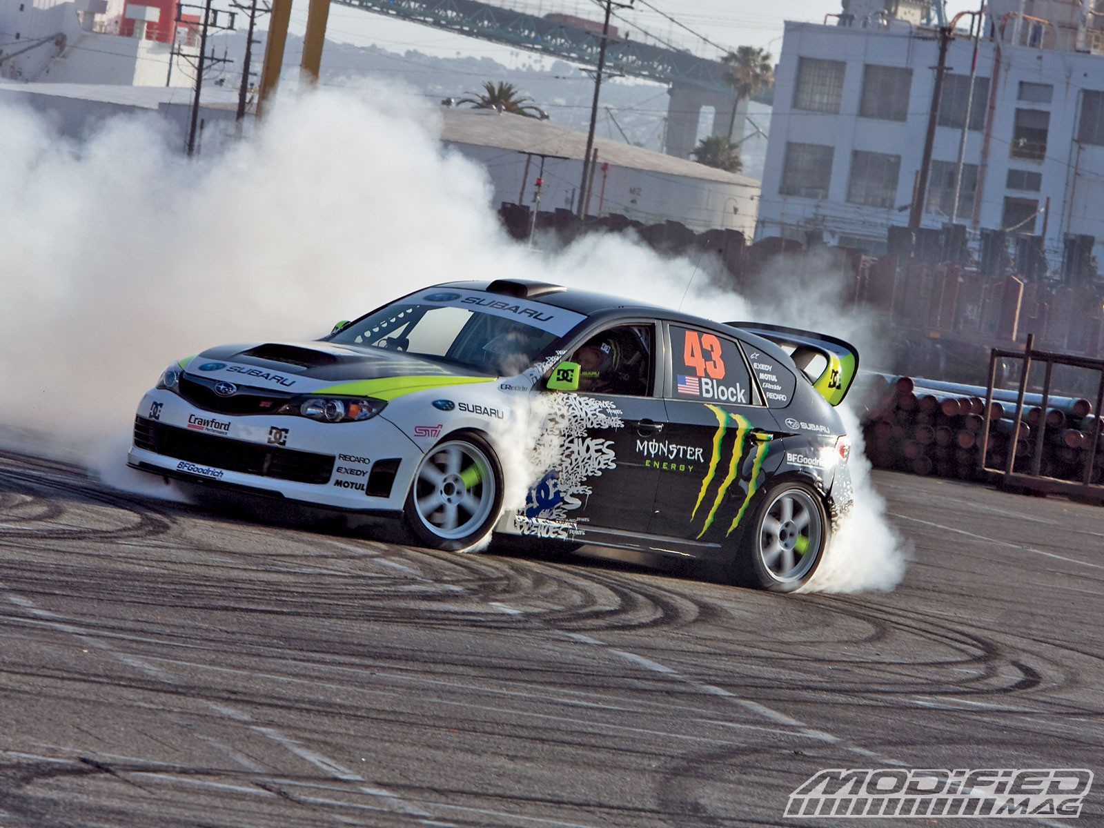 Subaru drifting in smoke