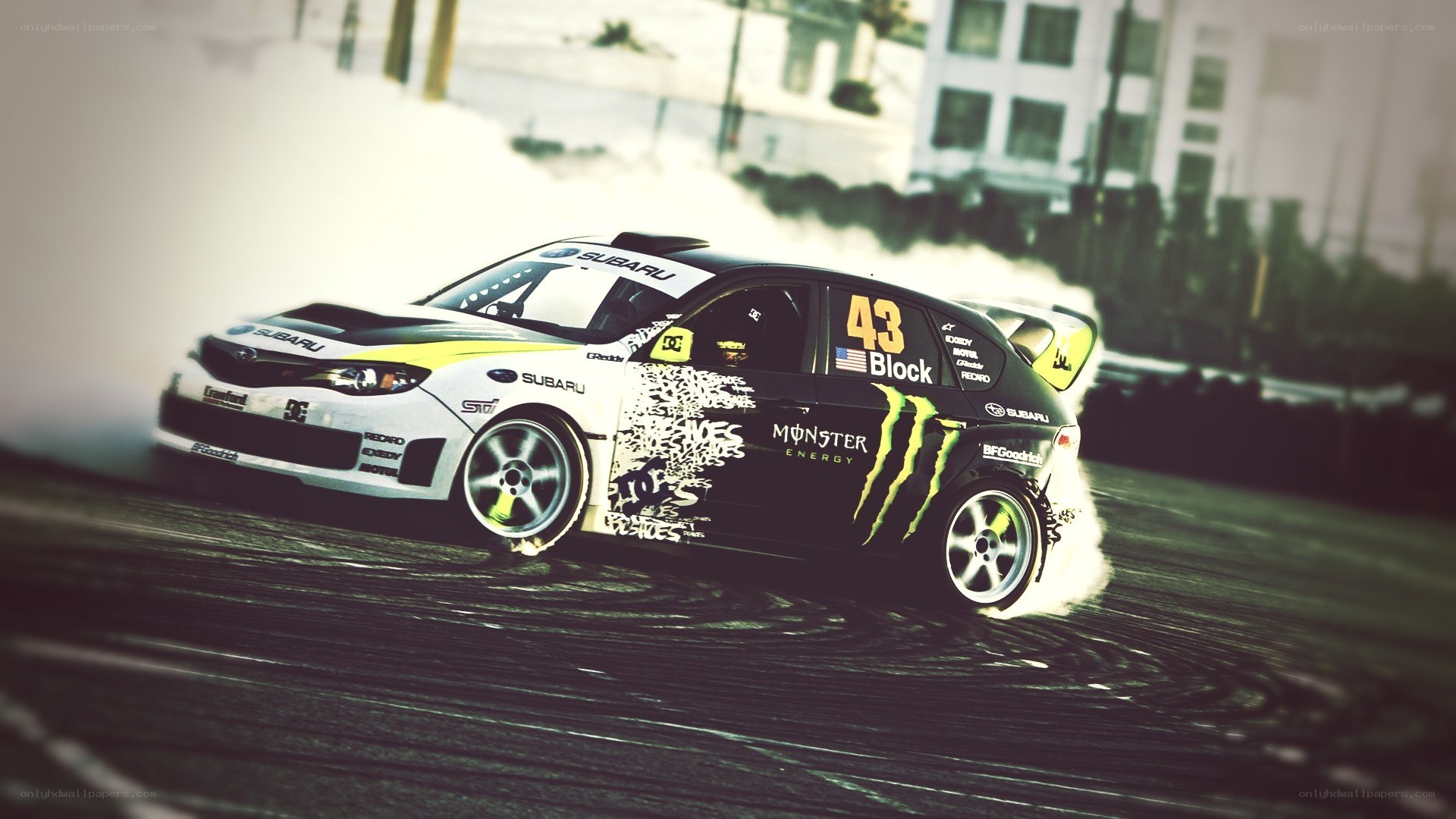 Subaru drifting on track