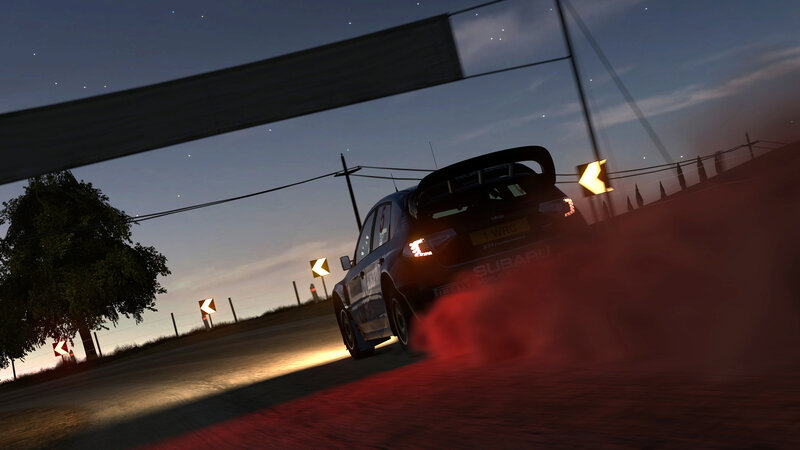Subaru rally car at dusk