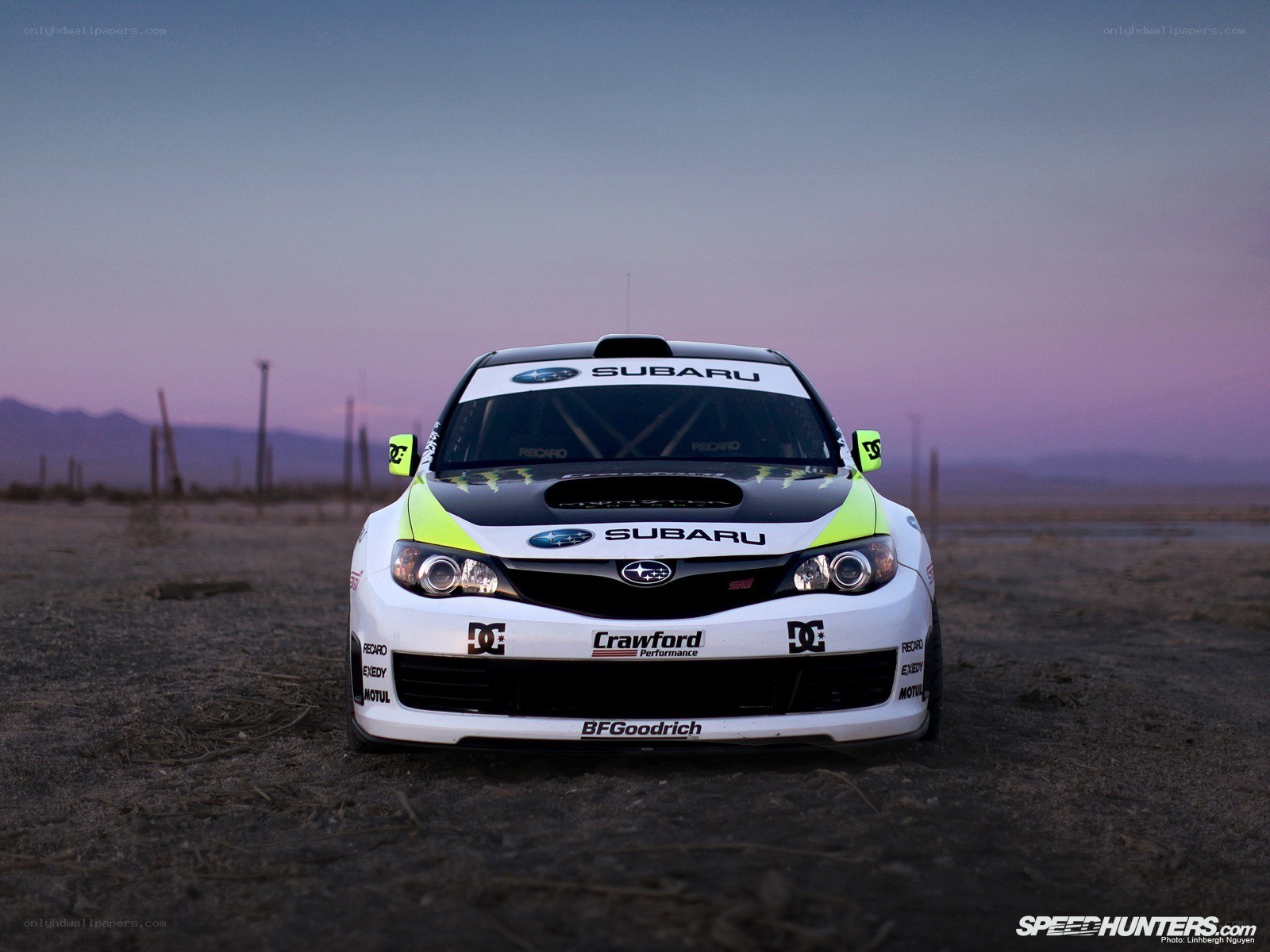 Subaru rally car at dusk