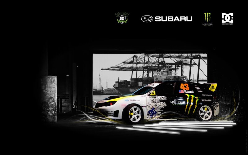 Subaru rally car in garage