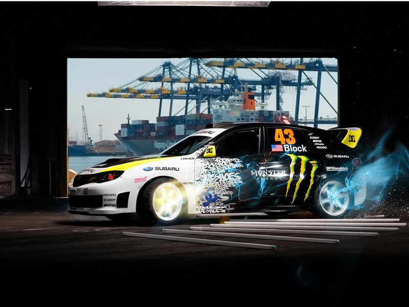 Subaru rally car in garage