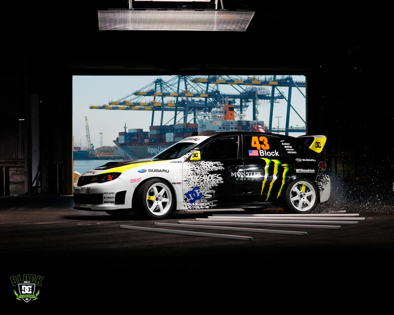 Subaru rally car in garage