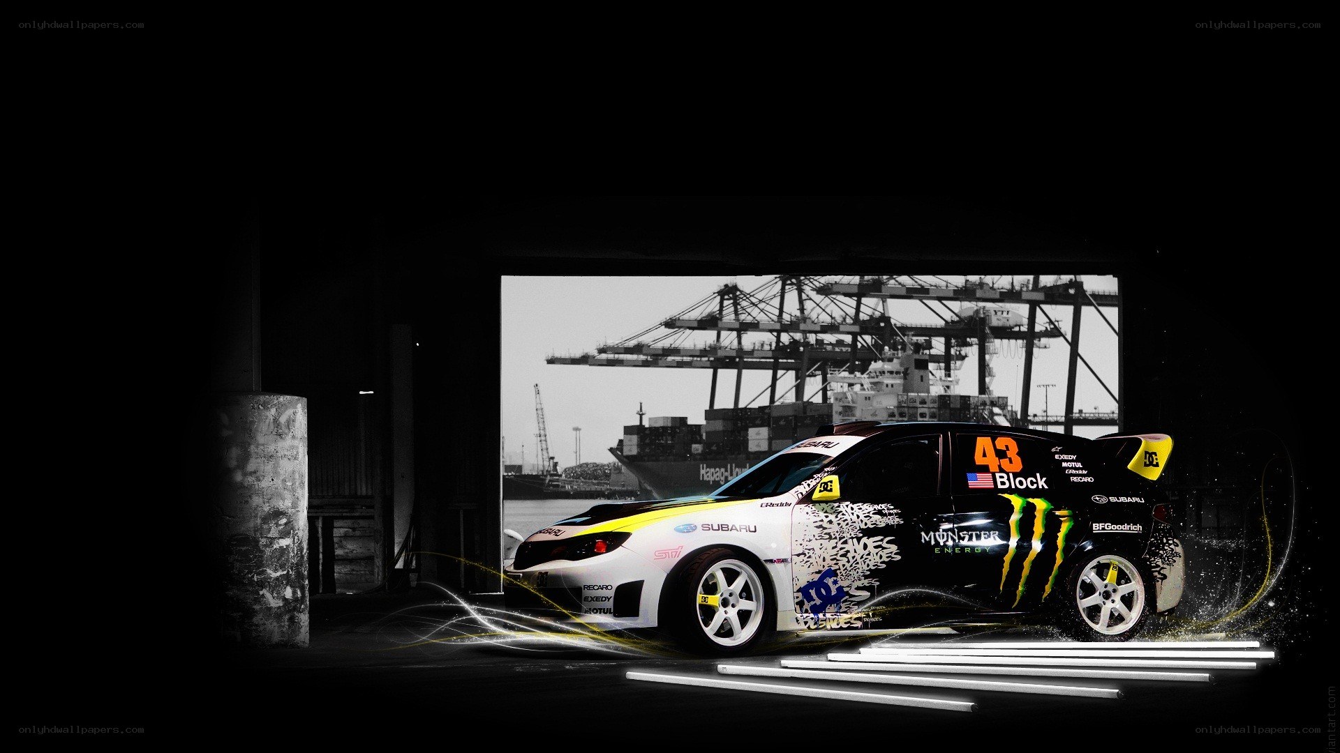 Subaru rally car in port