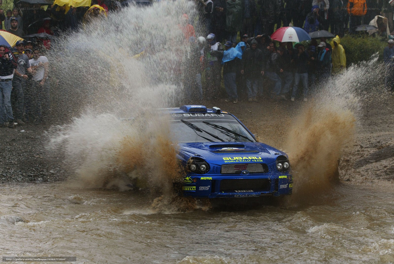 Subaru rally car in water splash