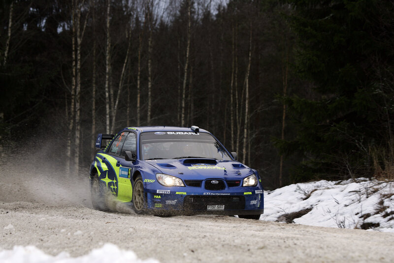 Subaru rally car on snowy road