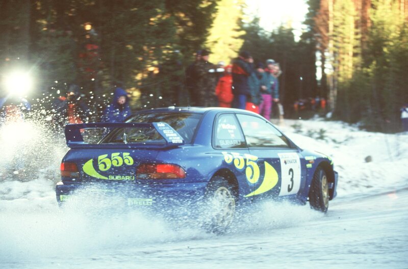 Subaru rally car on snowy track