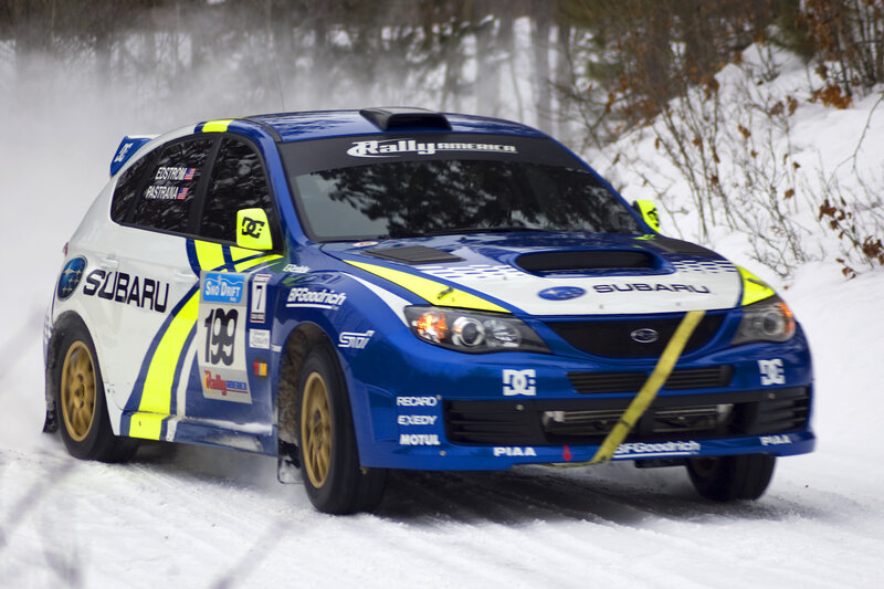 Subaru rally car on snowy track