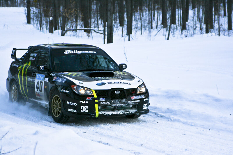 Subaru rally car on snowy track