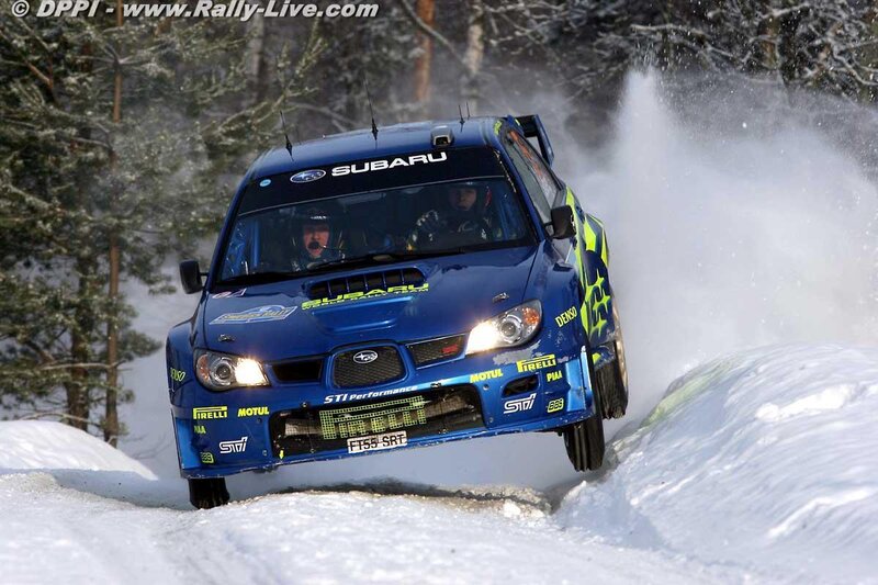 Subaru rally car on snowy track