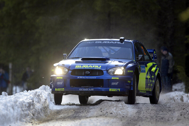 Subaru rally car on snowy track