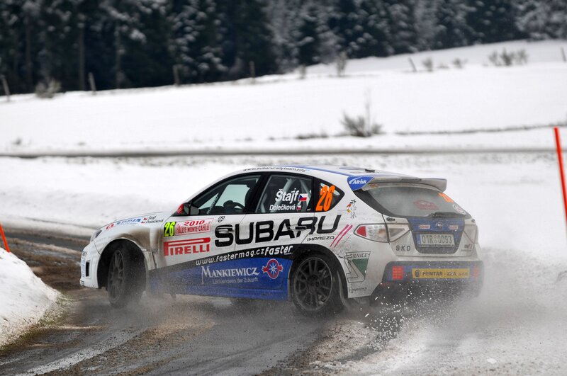 Subaru rally car on snowy track