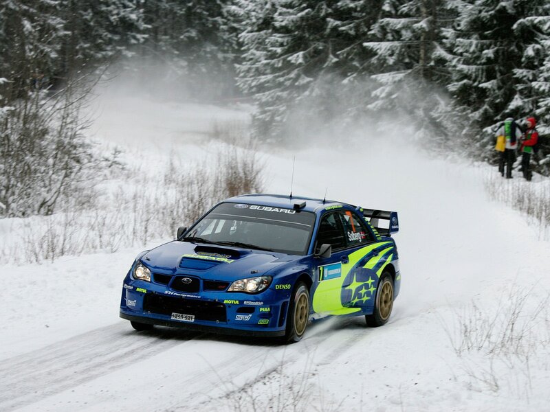 Subaru rally car on snowy track