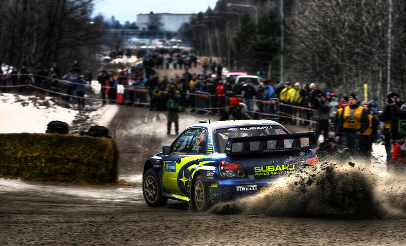 Subaru rally car on snowy track