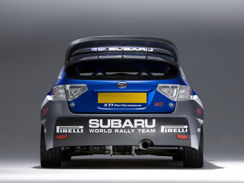 Subaru rally car rear view