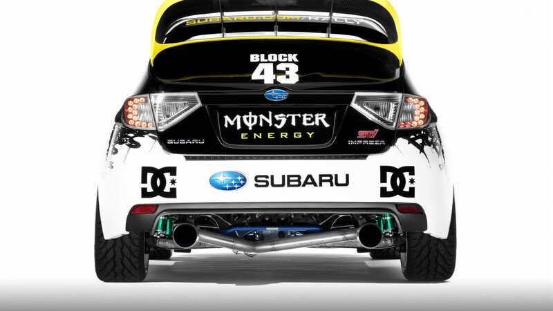 Subaru rally car rear view
