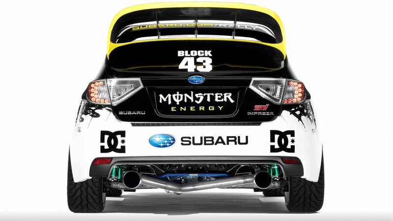 Subaru rally car rear view