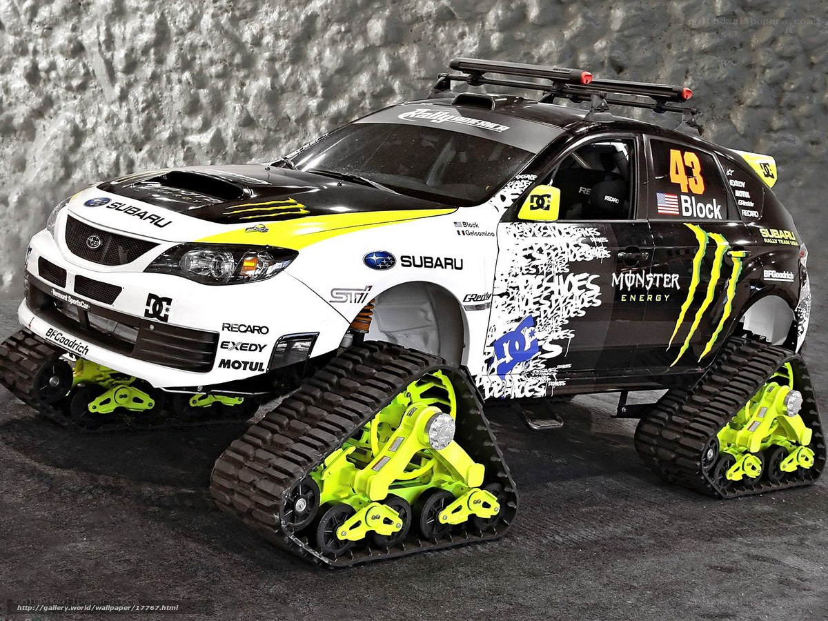 Subaru rally car with tracks
