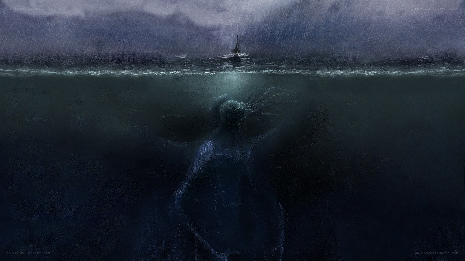 Submarine and sea monster