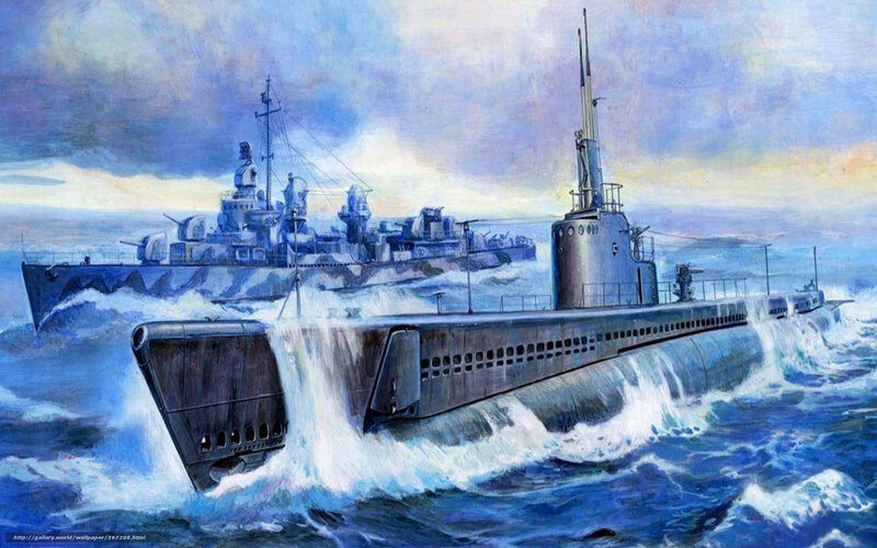 Submarine and warship at sea