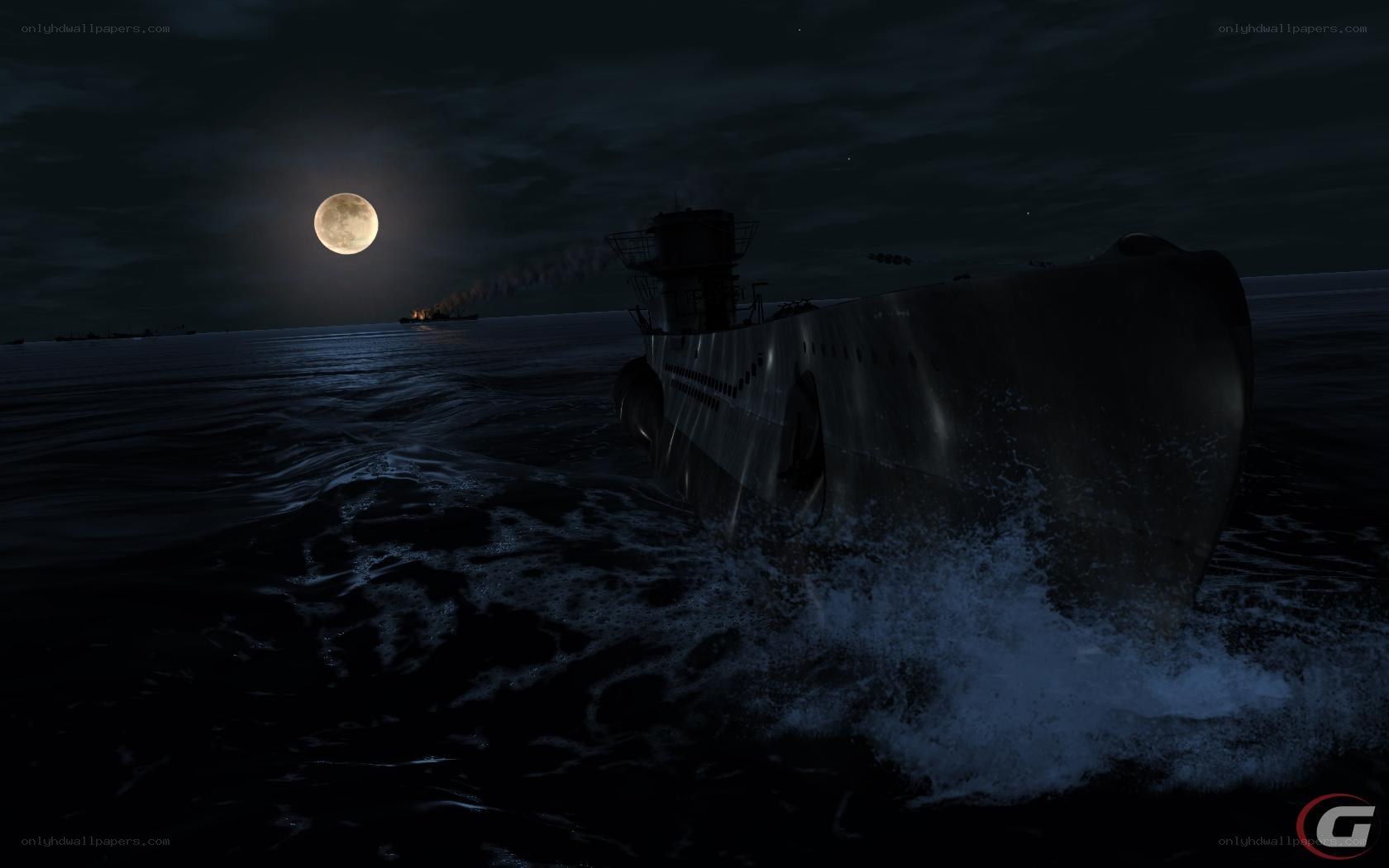 Submarine at night under moonlight