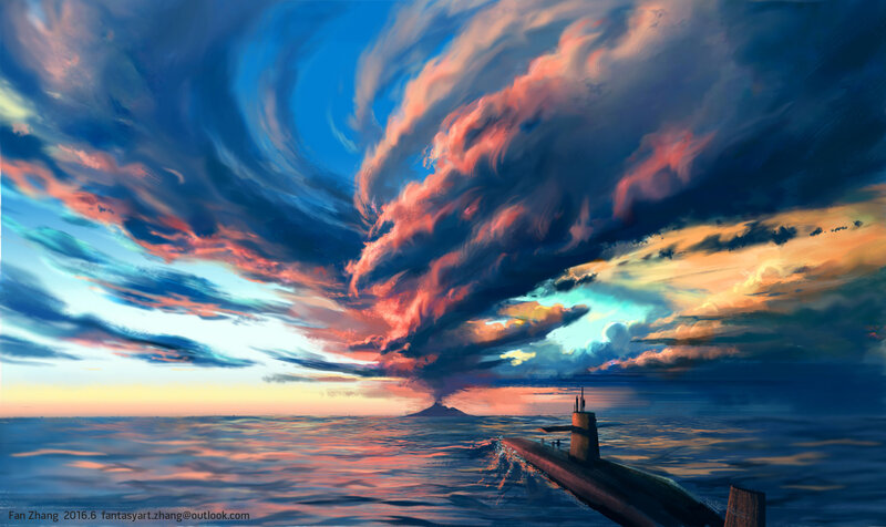 Submarine at Sea — Blue, Dramatic, Sunset, Digital Art
