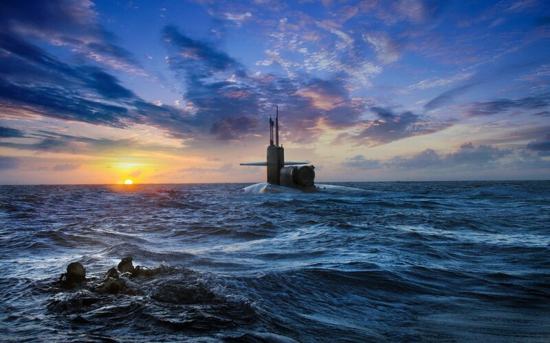 Submarine at Sea — Blue, Dramatic, Sunset, Photograph, Sun
