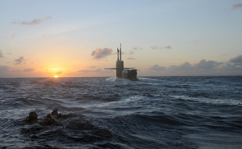 Submarine at Sea — Blue, Dramatic, Sunset, Photograph