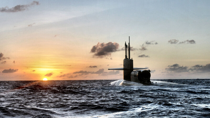 Submarine at Sea — Blue, Dramatic, Sunset