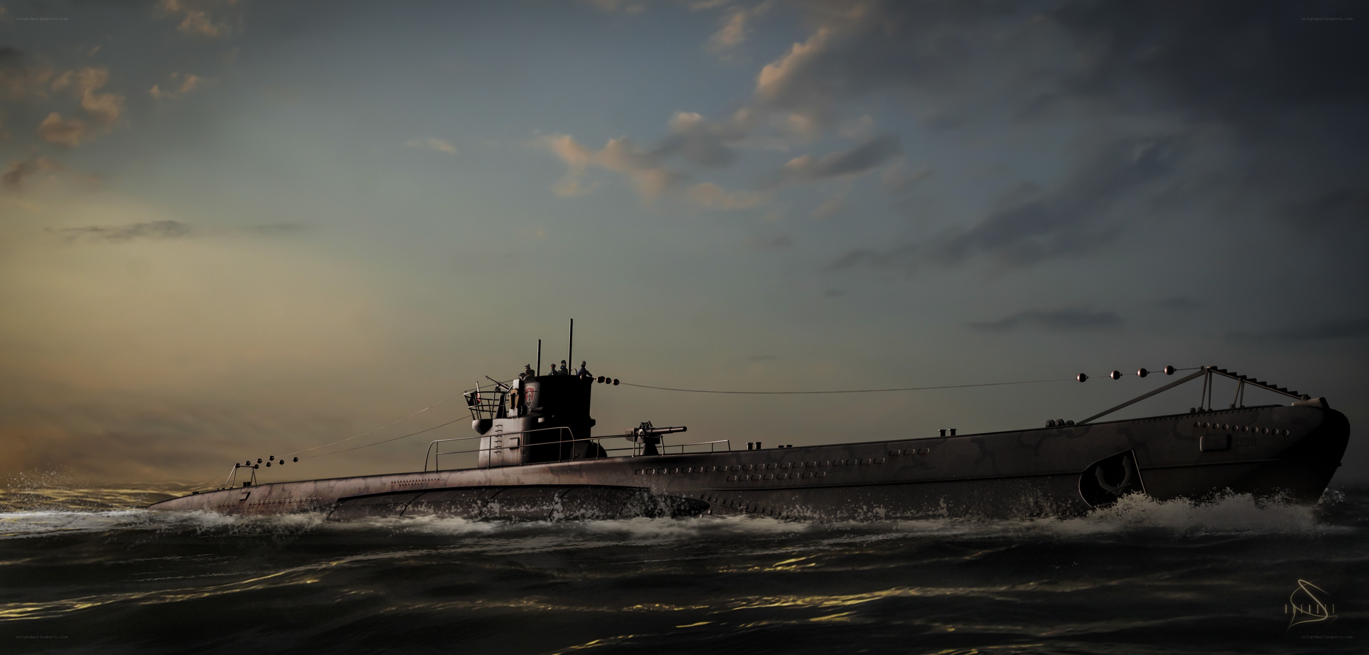 Submarine at sea during sunset