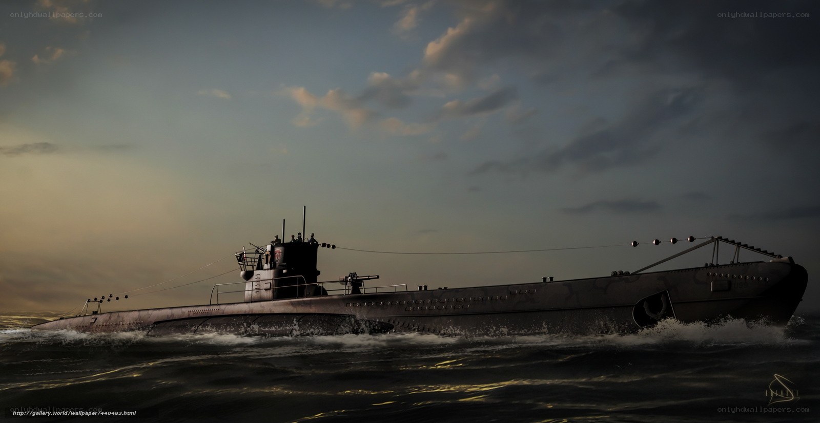 Submarine at sea during sunset