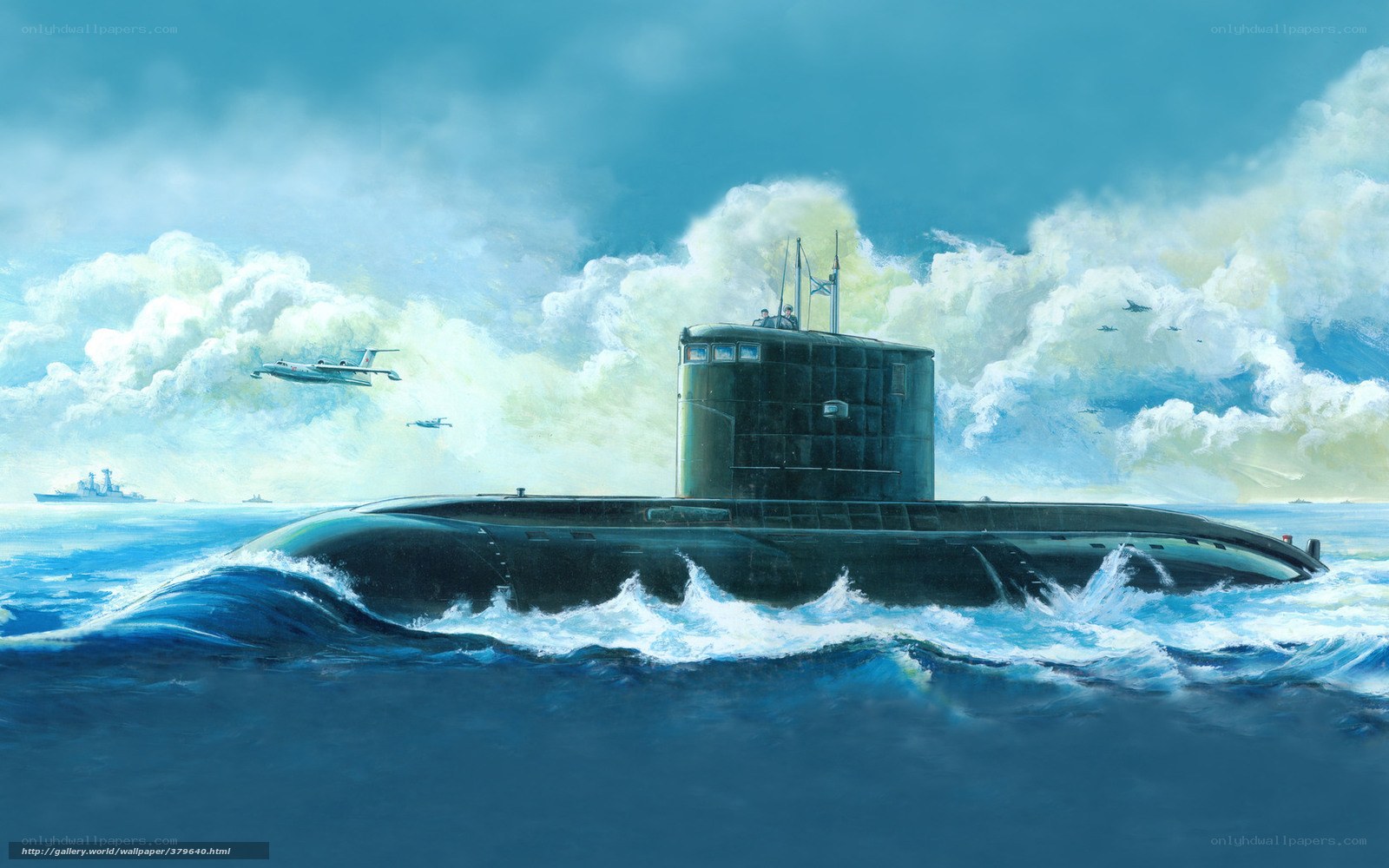 Submarine at sea with aircraft