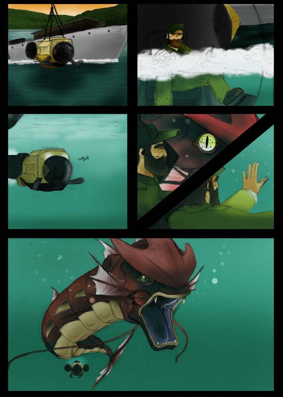 Submarine attack by sea monster