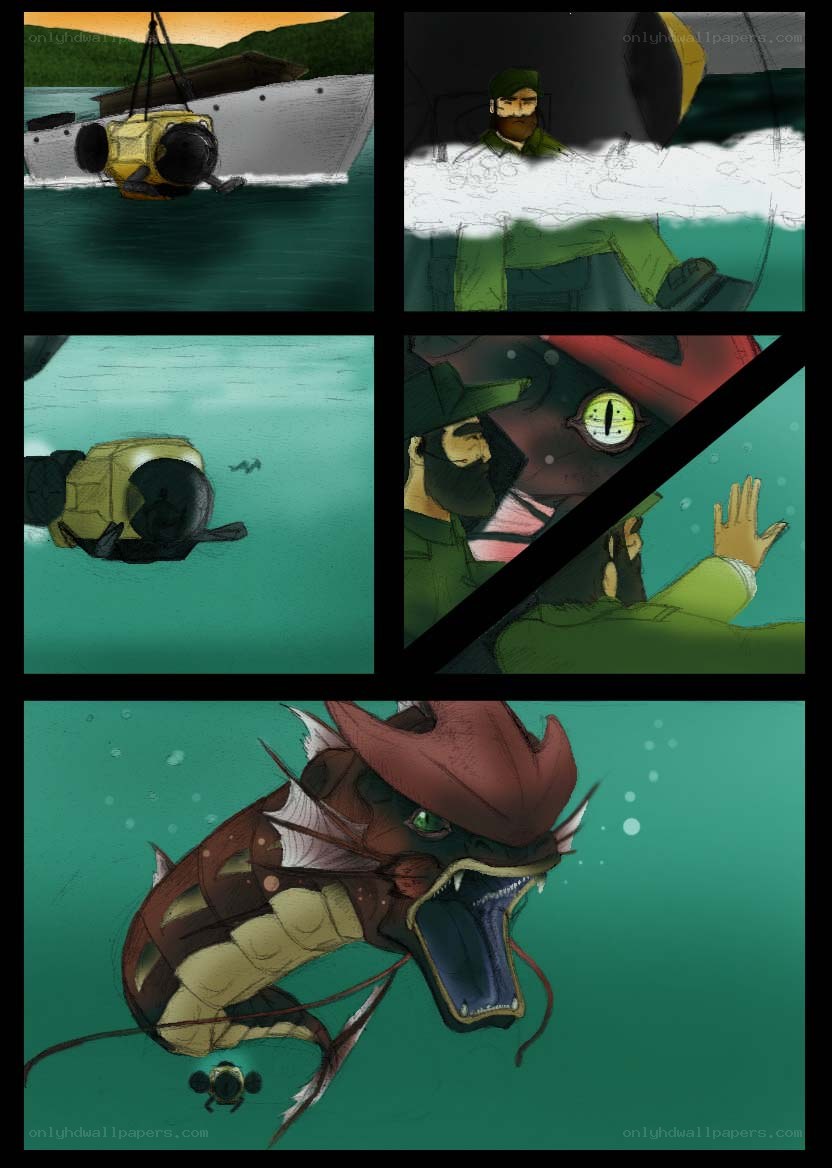 Submarine attack by sea monster