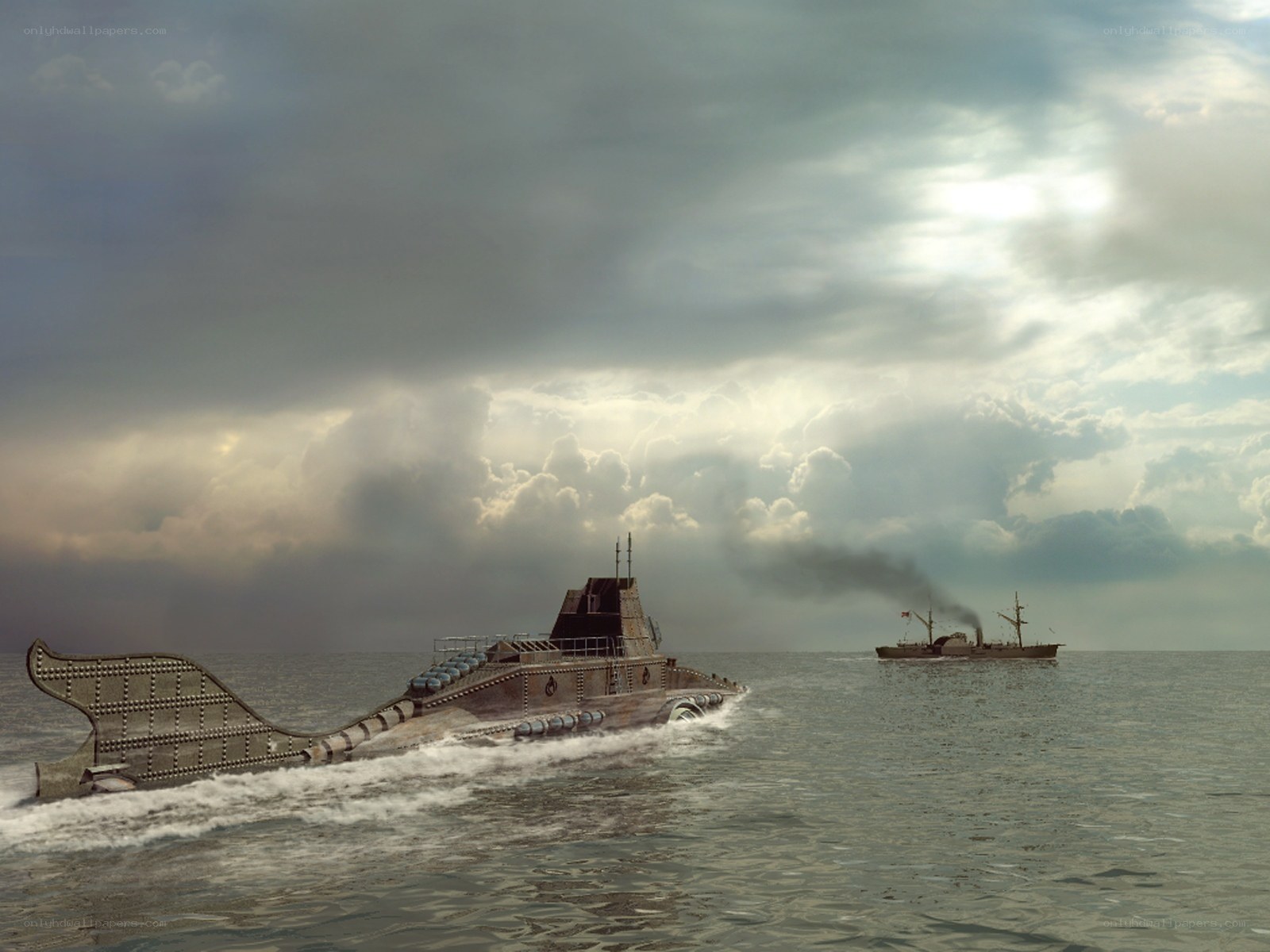 Submarine chasing steamship